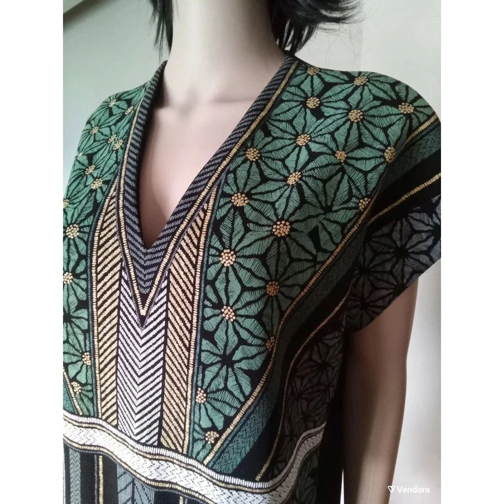 Zara Geometric V-Neck Mini Dress or Tunic‎ with Gold Thread Accents Size Small